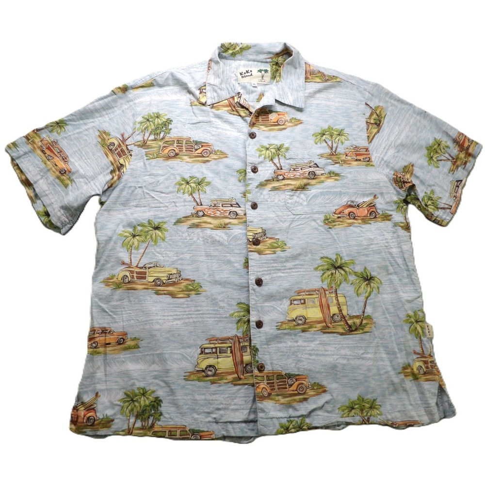 VTG 90s Koko Island Hawaiian Aloha Shirt Men XL Surf Woody Wagon Van Beach Blue